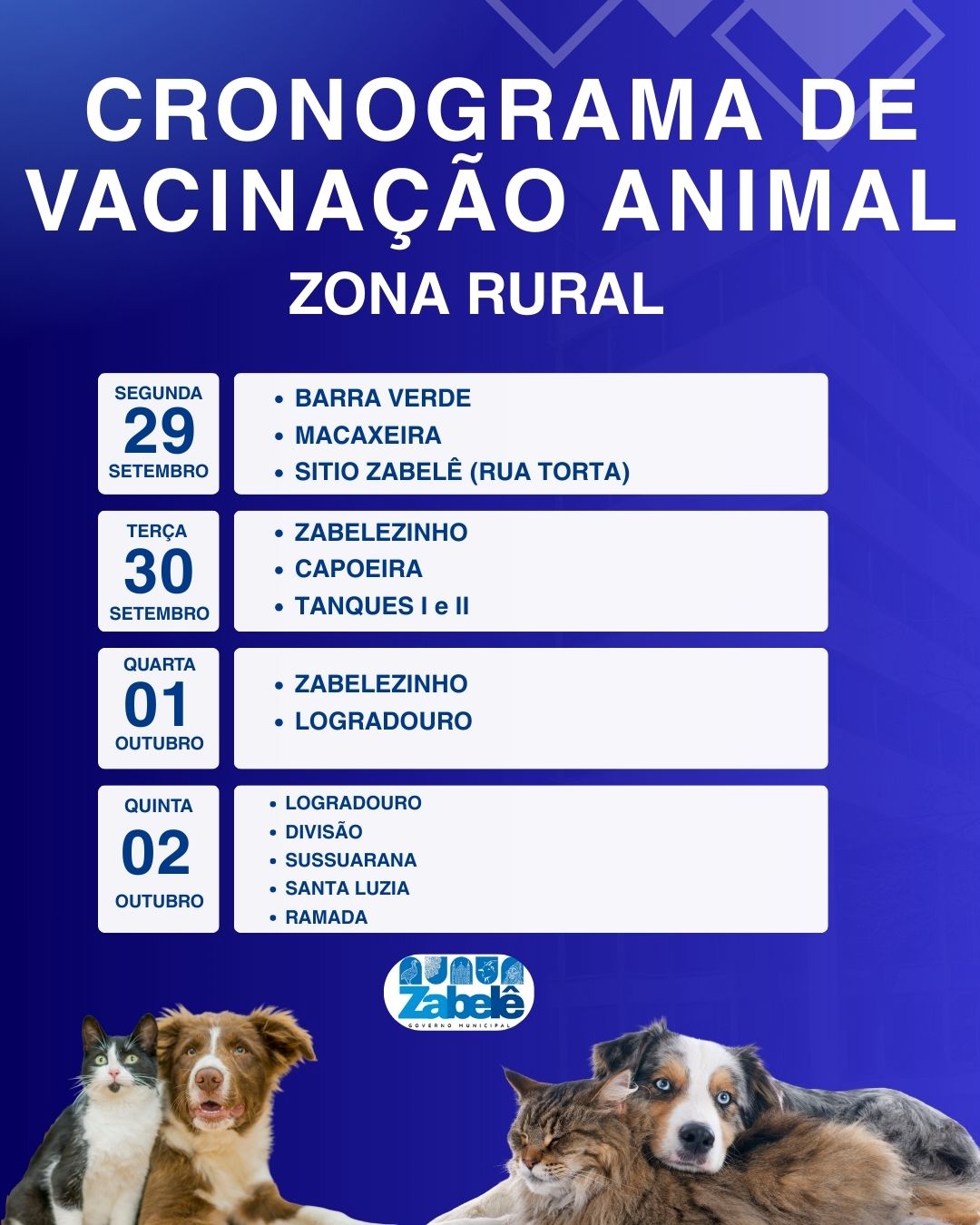 Cronograma da vacinação animal na Zona Rural!